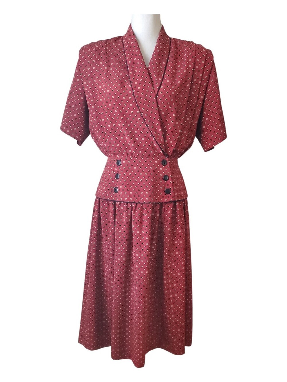 Laura Henson Vintage Burgundy Geometric Midi Dress Double Breasted Waist Size 12